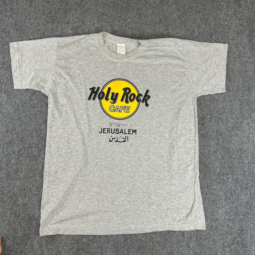 Holy Rock Cafe Jerusalem Graphic T-Shirt Gray XL Souvenir Parody Hebrew Arabic